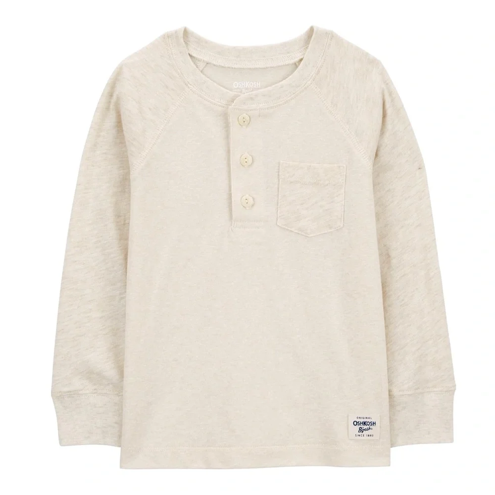 OshKosh B'gosh Boys' Long Sleeve Raglan Henley Button Pocket Tee Tan Oatmeal